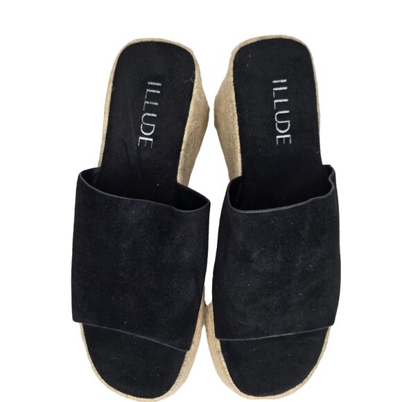 Illude Womens Black Suede Wedge Espadrille Sandals Size 6 like new tried on - Picture 6 of 7